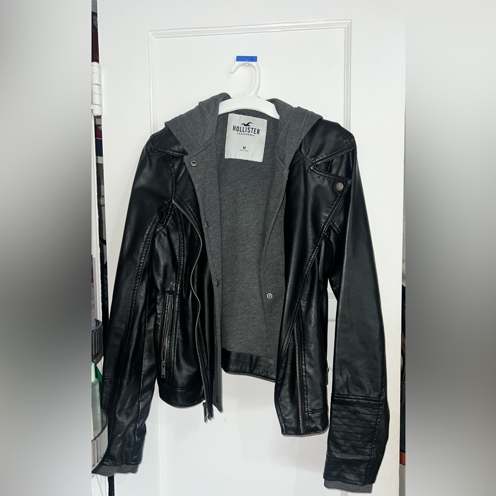 Black leather Jacket with Grey Hoodie
